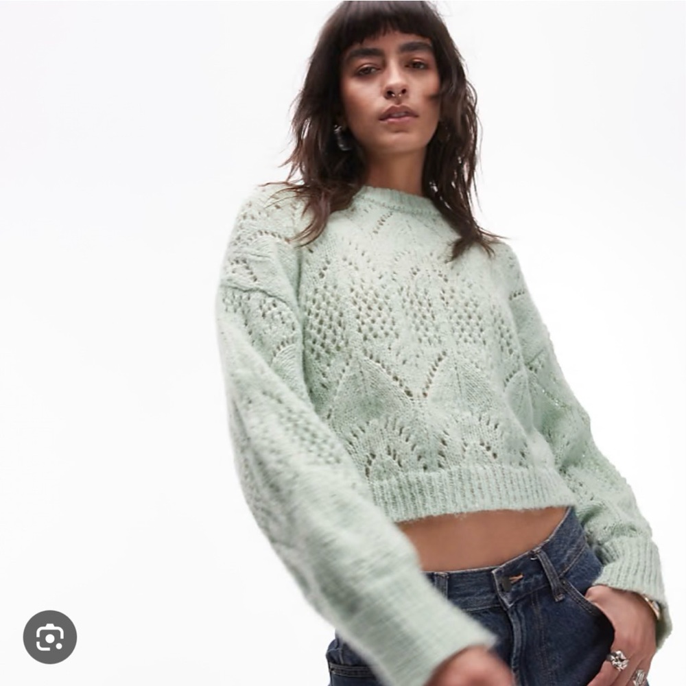 Topshop Knitted Crop Pointelle Sweater in Light Green NWT Size Medium (8-10)